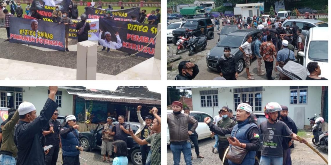 Beberapa cuplikan foto sekelompok orang yang membawa spanduk berbau provokatif terhadap Habib Rizieq Shihab yang membuat gaduh dan dibubarkan beberapa elemen ormas Islam Sukabumi, Kamis (26/11/2020).