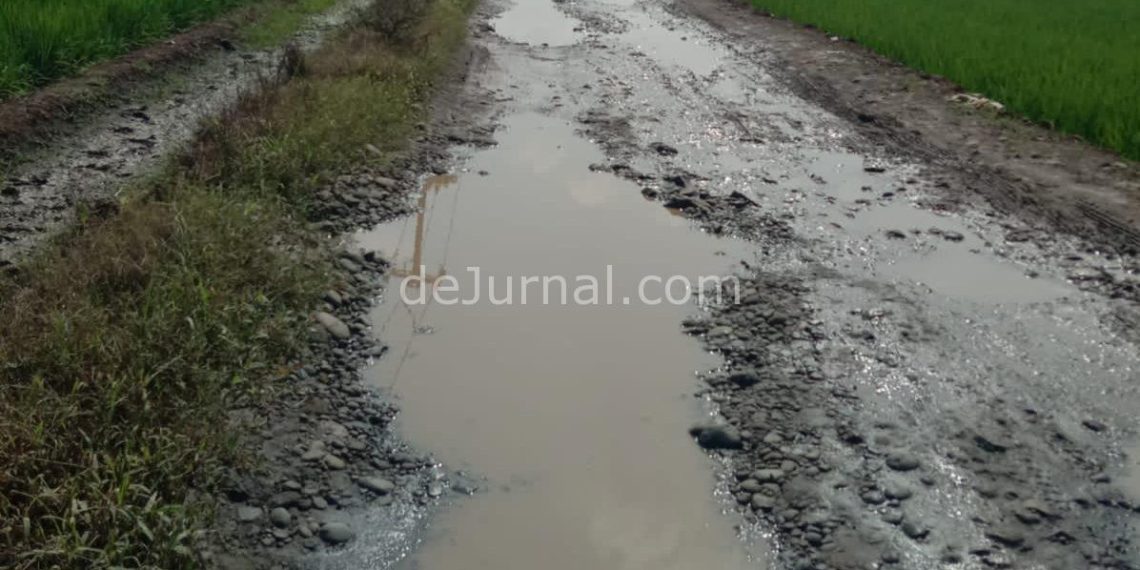 Jalan menuju Desa Kiara Sari yang rusak parah.