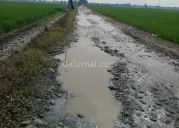 Jalan menuju Desa Kiara Sari yang rusak parah.
