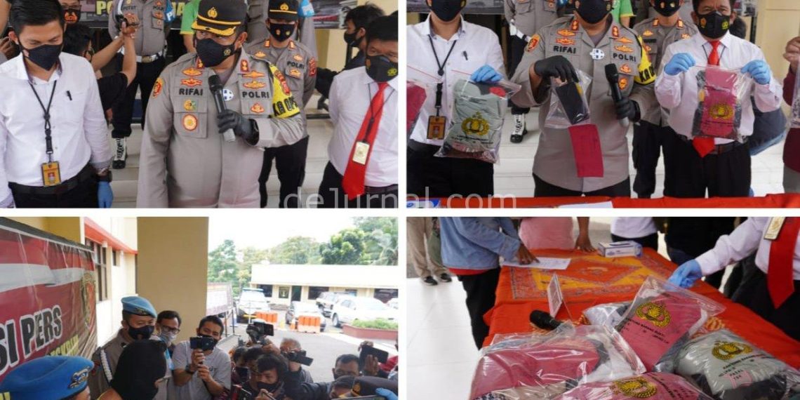 Kolase keterangan pers Polres Cianjur terkait aksi pencabulan oknum guru ngaji terhadap lima muridnya yang dibawah umur.