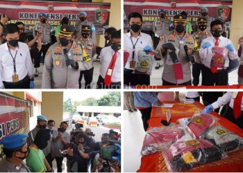 Kolase keterangan pers Polres Cianjur terkait aksi pencabulan oknum guru ngaji terhadap lima muridnya yang dibawah umur.