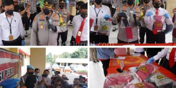 Kolase keterangan pers Polres Cianjur terkait aksi pencabulan oknum guru ngaji terhadap lima muridnya yang dibawah umur.