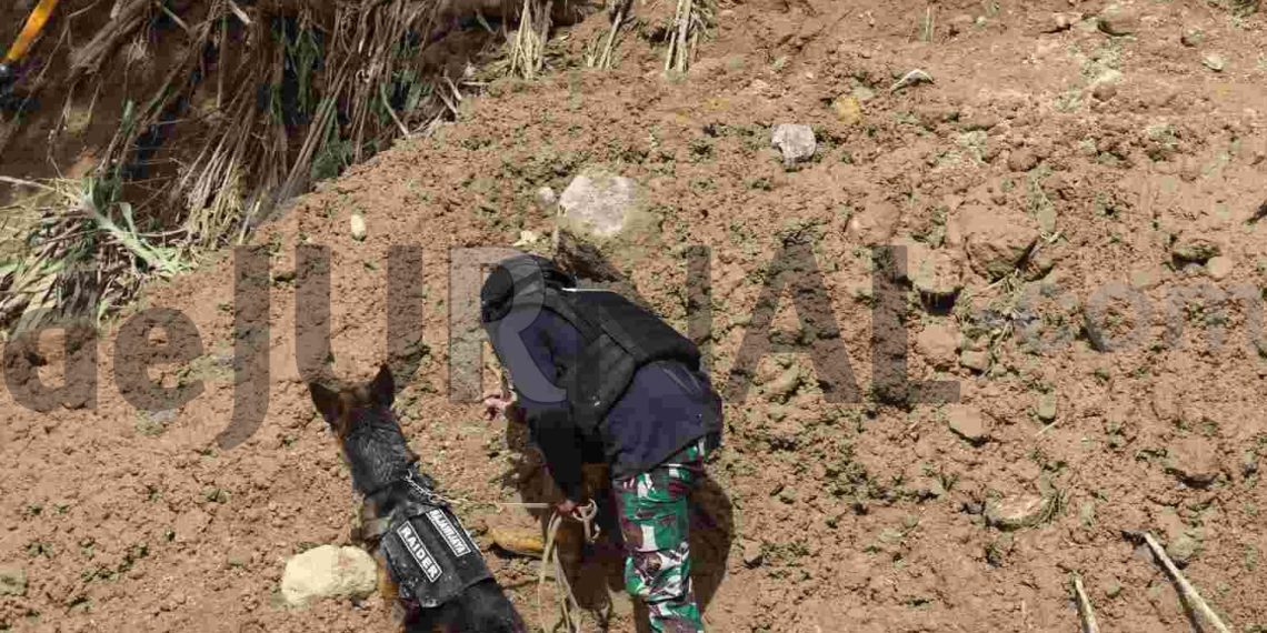 Kodim 0611 Garut Terjunkan Anjing Pelacak Dari Yonif Raider 300 Brajawijaya Bantu Cari Korban Tertimbun Longsor di Pendeuy