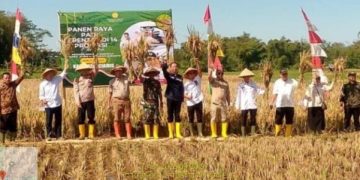 Foto : Bupati Ciamis yang diwakili oleh Sekretaris Daerah Kabupaten Ciamis, Dr. H. Andang Firman Triadi mengikuti acara Panen raya serentak 14 provinsi dan 156 kabupaten/kota sentra utama padi di seluruh Indonesia yang dihadiri oleh Presiden Prabowo Subianto. Senin (07/04/2025)