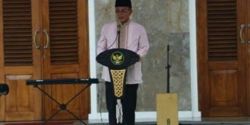 Foto : bupati Ciamis Herdiat Sunarya memberikan sambutan dalam halal bilhalal di halaman pendopo selasa (15/04/2025)