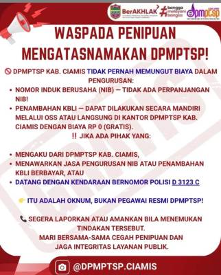 Waspada Penipuan Mengatasnamakan DPMPTSP Ciamis, Semua Layanan Perizinan Resmi Gratis!