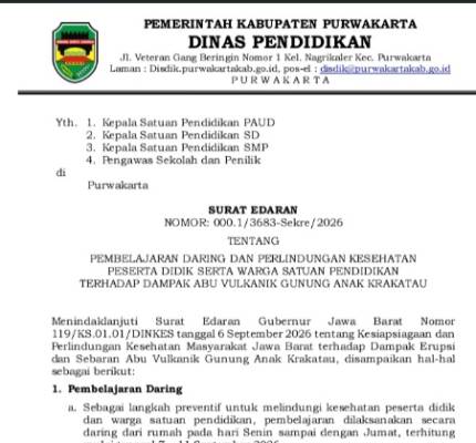 Dampak Abu Vulkanik Gunung Anak Krakatau, Disdik Purwakarta Terapkan Pembelajaran Daring